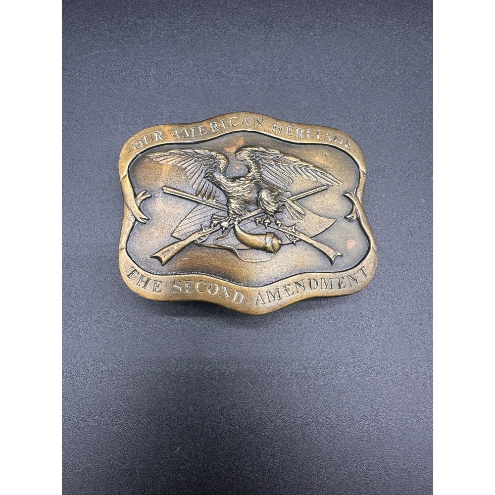 Indiana Metal Craft Second Amendment Belt Buckle Brass Eagle Rifles 1977 Vintage